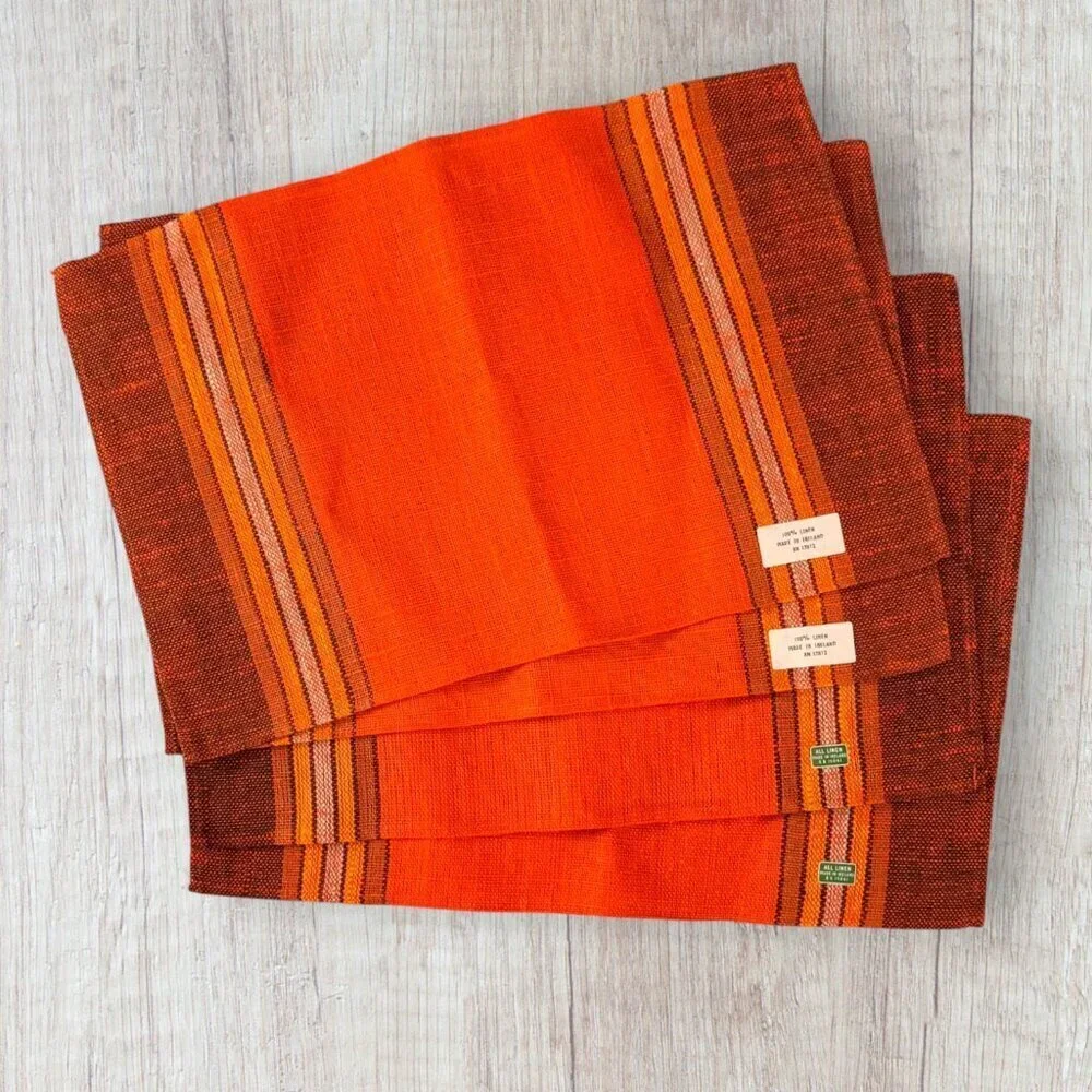 Vintage Irish Linen Placemats Set of 6 Orange Brown Woven Made in Ireland NEW